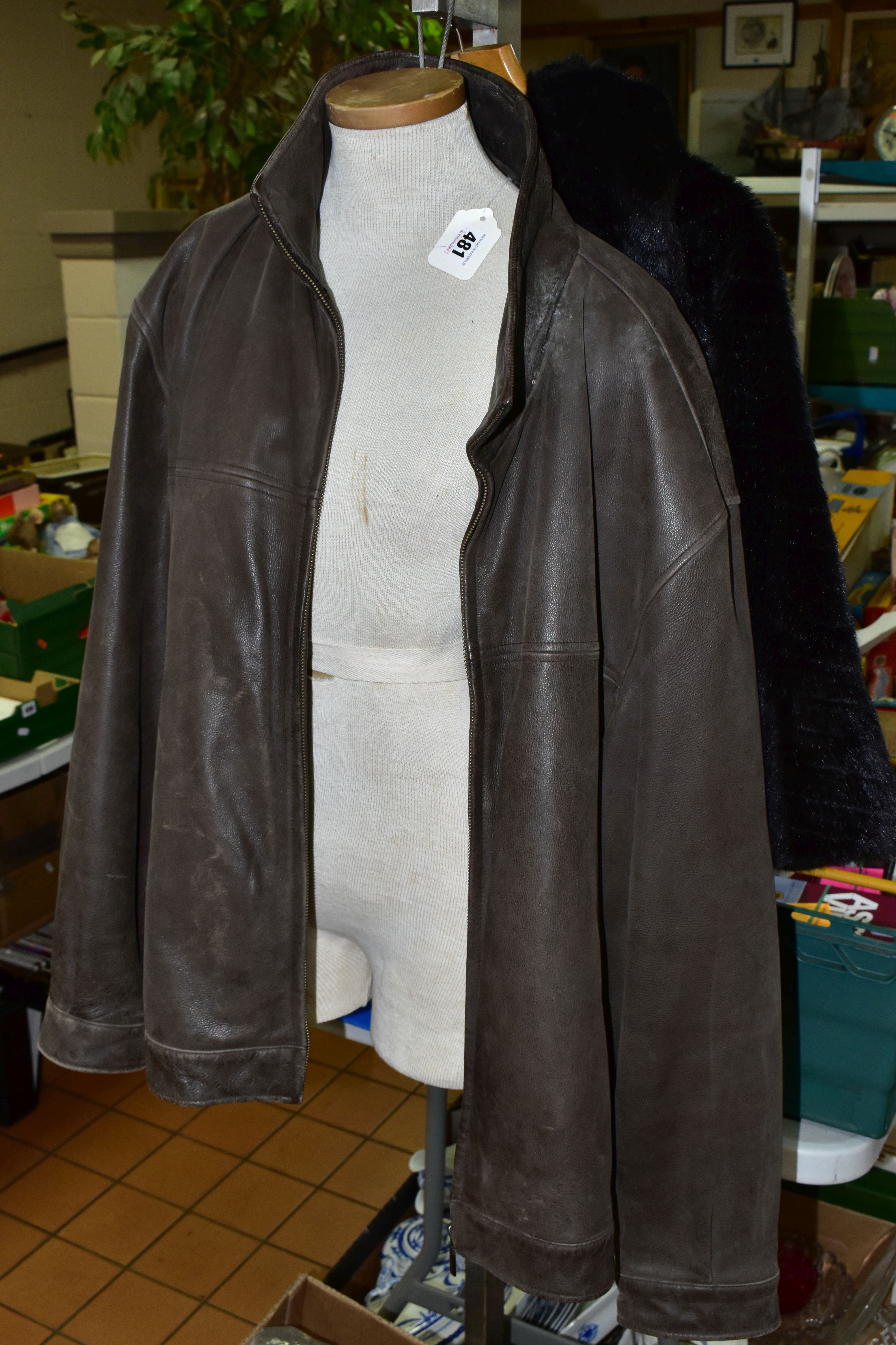 A GENT'S C & A COWHIDE NUBUCK LEATHER JACKET, size XL, together with an English Lady black faux