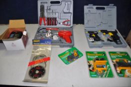 A HILKA ELECTRIC SOLDERING KIT along with a Powermaster hot melt glue gun kit, Plasplug master sharp