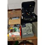 A VINTAGE EUMIG CINE CAMERA, a cased JVC video recorder, film splicer, slide projector and reels