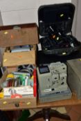 A VINTAGE EUMIG CINE CAMERA, a cased JVC video recorder, film splicer, slide projector and reels
