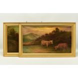 TWO LATE 19TH / EARLY 20TH CENTURY STYLE HIGHLAND LANDSCAPES, both featuring cattle drinking while