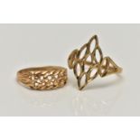 TWO 9CT GOLD RINGS, the first of an openwork marquise form, bifurcated shoulders, leading onto a