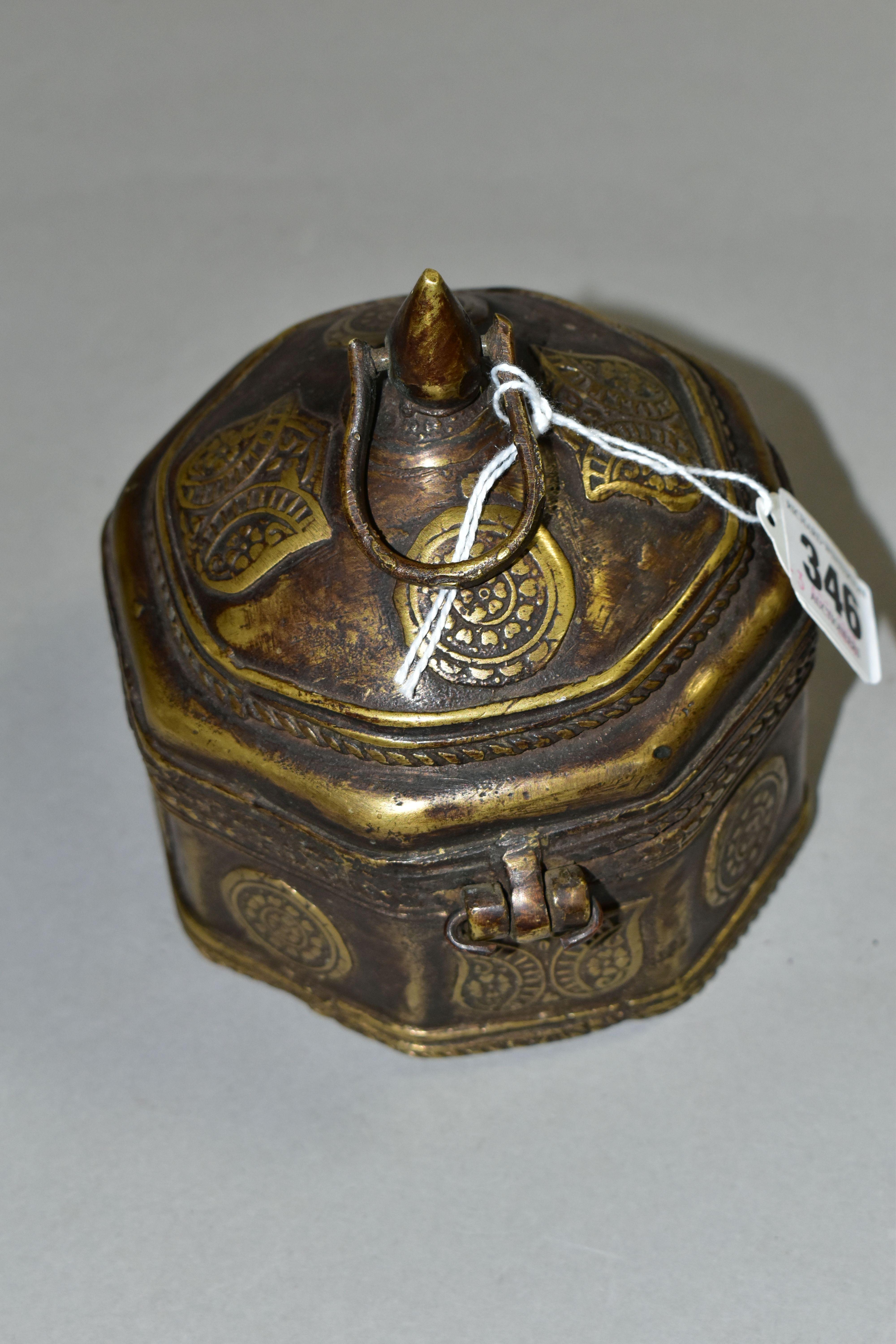 A BRONZE OCTAGONAL BOX, with domed lid, teardrop shaped finial and handle, applied flower symbols, - Image 3 of 5