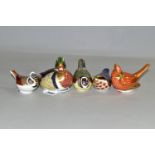 A COLLECTION OF FIVE ROYAL CROWN DERBY BIRD PAPERWEIGHTS, comprising a 'Carolina Duck' gold stopper,