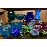 A COLLECTION OF MID CENTURY COLOURED GLASSWARE, comprising an Avondale green duck paperweight,