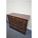 A GEORGIAN MAHOGANY AND CROSSBANDED CHEST OF TWO SHORT OVER THREE LONG DRAWERS, with turned handles,