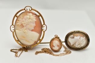 THREE PIECES OF CAMEO JEWELLERY, to include a cameo brooch, carved shell cameo depicting a lady in