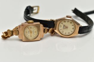 TWO LADYS 9CT GOLD WRISTWATCHES, the first with a round cream dial signed 'Omer', alternating Arabic