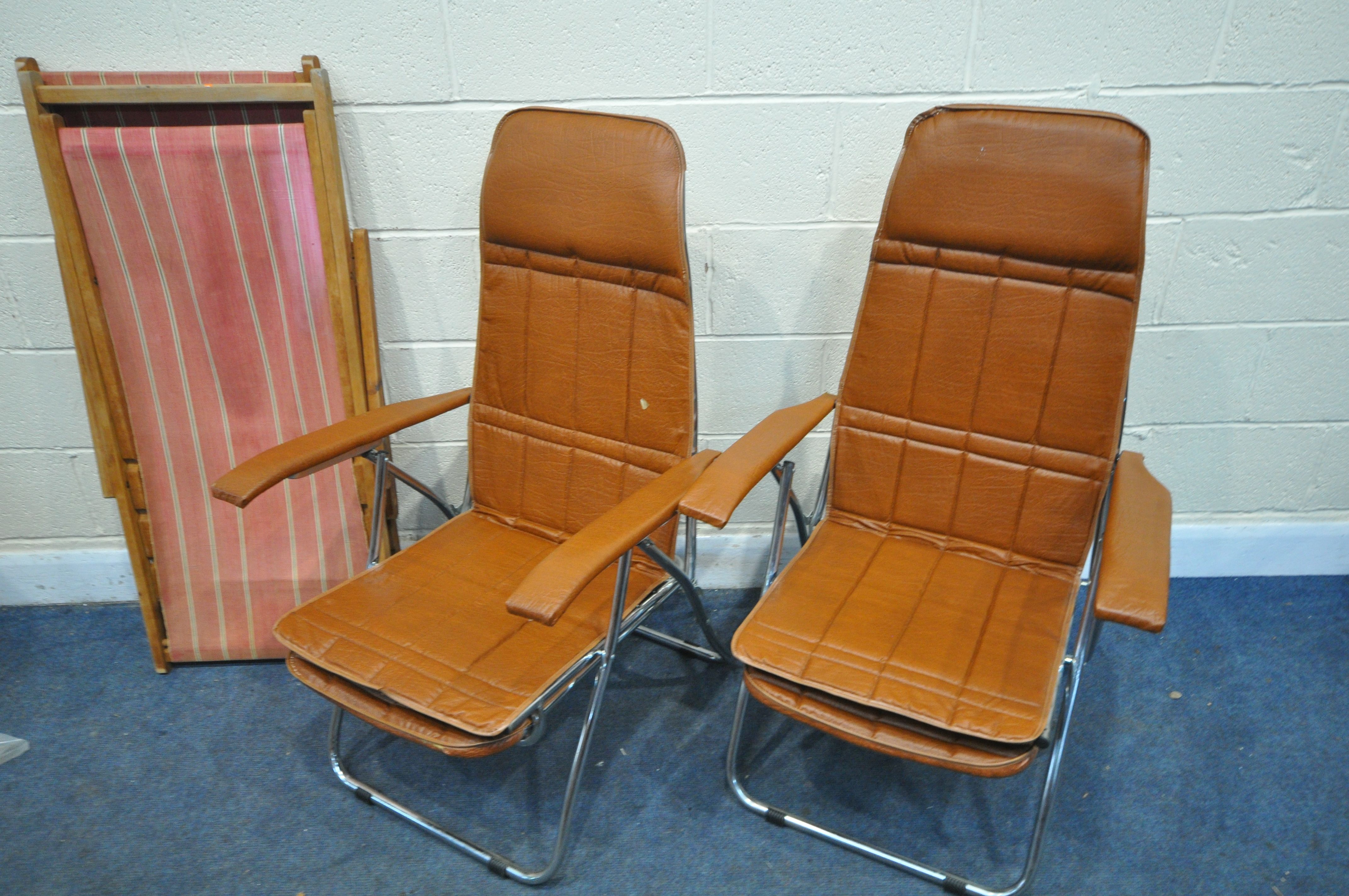 A PAIR MID CENTURY BROWN LEATHERETTE FOLDING CHAIRS, possibly by Maule Marga, and two folding desk