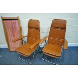 A PAIR MID CENTURY BROWN LEATHERETTE FOLDING CHAIRS, possibly by Maule Marga, and two folding desk