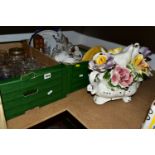 TWO BOXES AND LOOSE CERAMICS AND GLASS, including drinking glasses, moulded glass dressing table