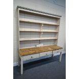 A LARGE 19TH CENTURY PAINTED PINE DRESSER, the top with triple shelves, over a base with drawers, on