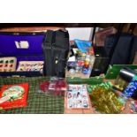 TWO BOXES OF VINTAGE BRIEFCASES AND ASSORTED CHRISTMAS BAUBLES AND DECORATIONS, to include two