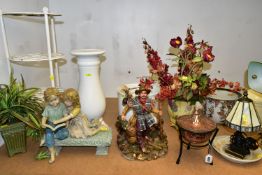 A QUANTITY OF LAMPS, ARTIFICIAL FLOWERS, THREE TIER PAN STAND, ETC, including two reproduction brass