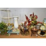 A QUANTITY OF LAMPS, ARTIFICIAL FLOWERS, THREE TIER PAN STAND, ETC, including two reproduction brass