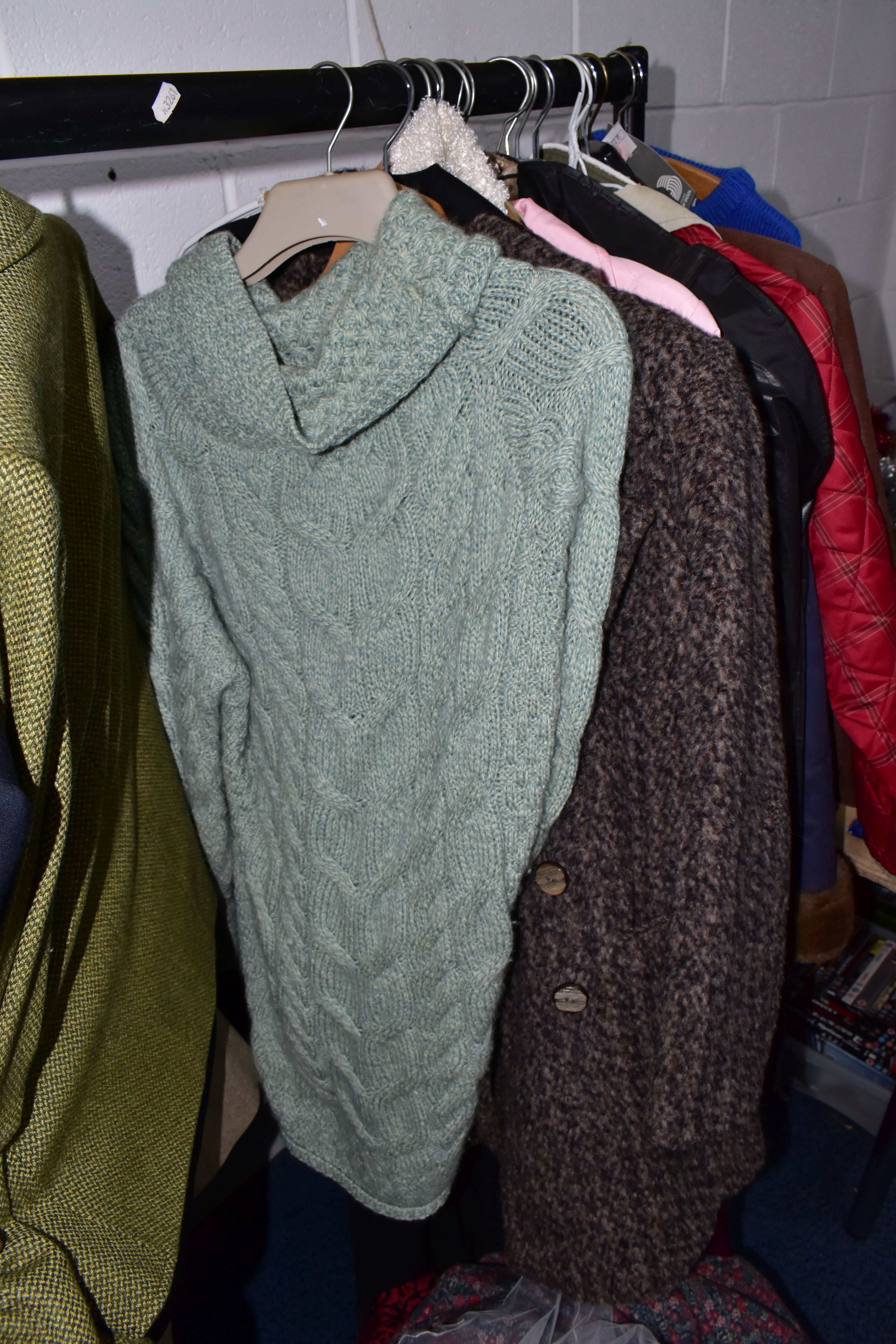 A RAIL AND TWO BOXES OF LADIES CLOTHING, to include coats, jackets, faux furs, sheepskins, skirts - Image 17 of 19