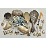 A BOX OF ASSORTED SILVER ITEMS, to include two silver clothes brushes, a clothes brush silver