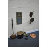 A SELECTION OF BRASS AND COPPERWARE, to include a wall gong with beater, a brass coal bucket, a