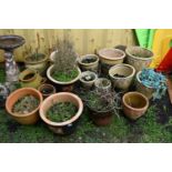 SIXTEEN PLANT POTS including a pair of green glazed pots with two foliate panels to each, diameter