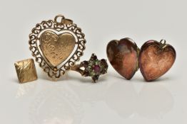 FOUR PIECES OF JEWELLERY, to include a cluster ring set with colourless paste and garnets,