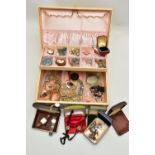 A CREAM JEWELLERY BOX WITH CONTENTS, to include a white metal butterfly wing pendant stamped '
