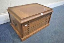 A MAHOGANY TABLE TOP COIN COLLECTORS CABINET, made up of seven drawers, width 53cm x depth 38cm x