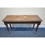A VICTORIAN MAHOGANY SIDE TABLE, on turned legs, length 138cm x depth 51cm x height 76cm (