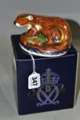 A BOXED ROYAL CROWN DERBY OTTER PAPERWEIGHT with red printed backstamp, date cypher for 2002, and