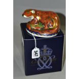 A BOXED ROYAL CROWN DERBY OTTER PAPERWEIGHT with red printed backstamp, date cypher for 2002, and