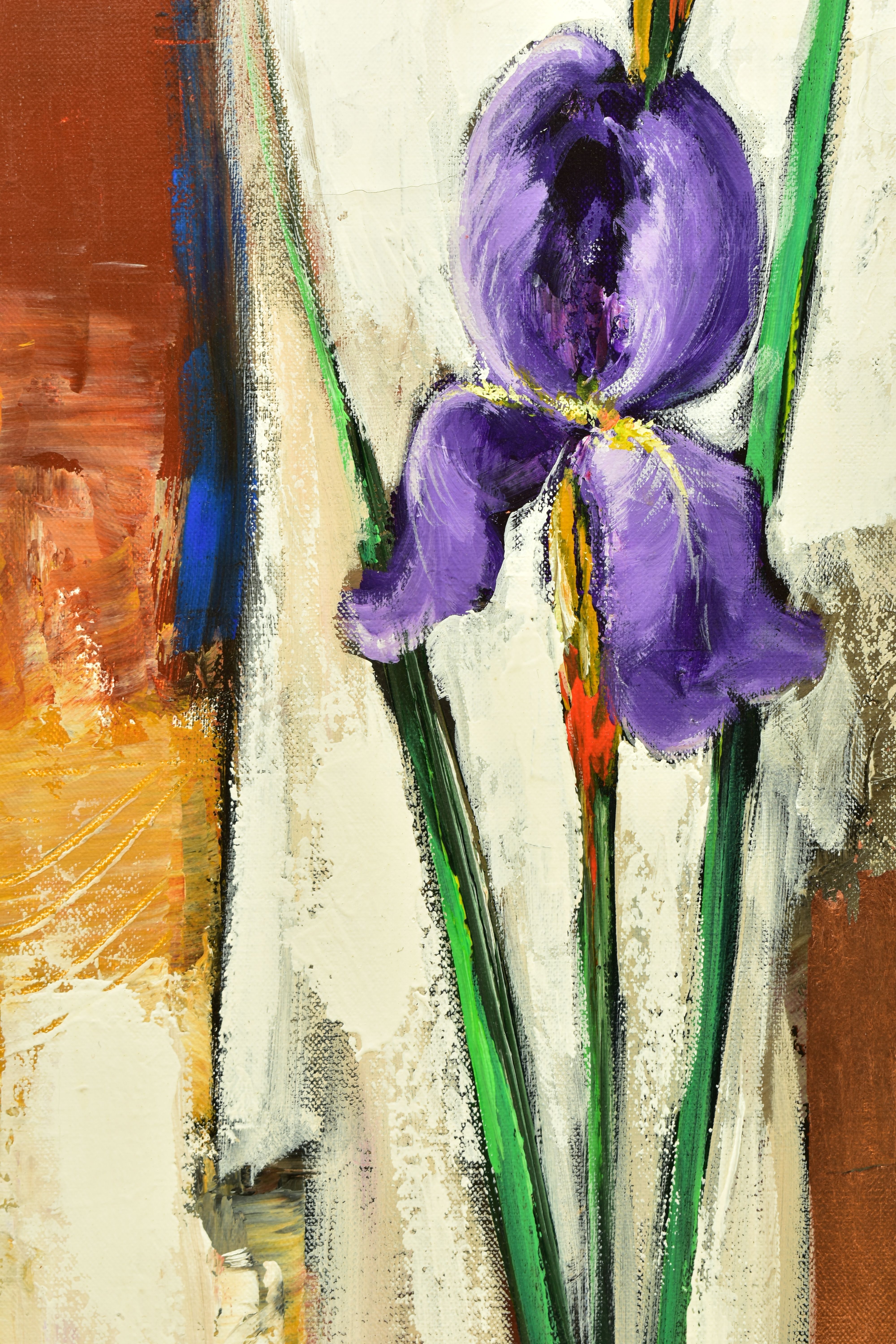 VASILE LEONDAR (ROMANIA 1957) IRIS, a still life study of a single Iris, signed verso, oil on - Image 2 of 7