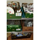 FIVE BOXES OF CERAMICS, GLASSWARE AND NOVELTY TEAPOTS, to include a large Aynsley pot of china