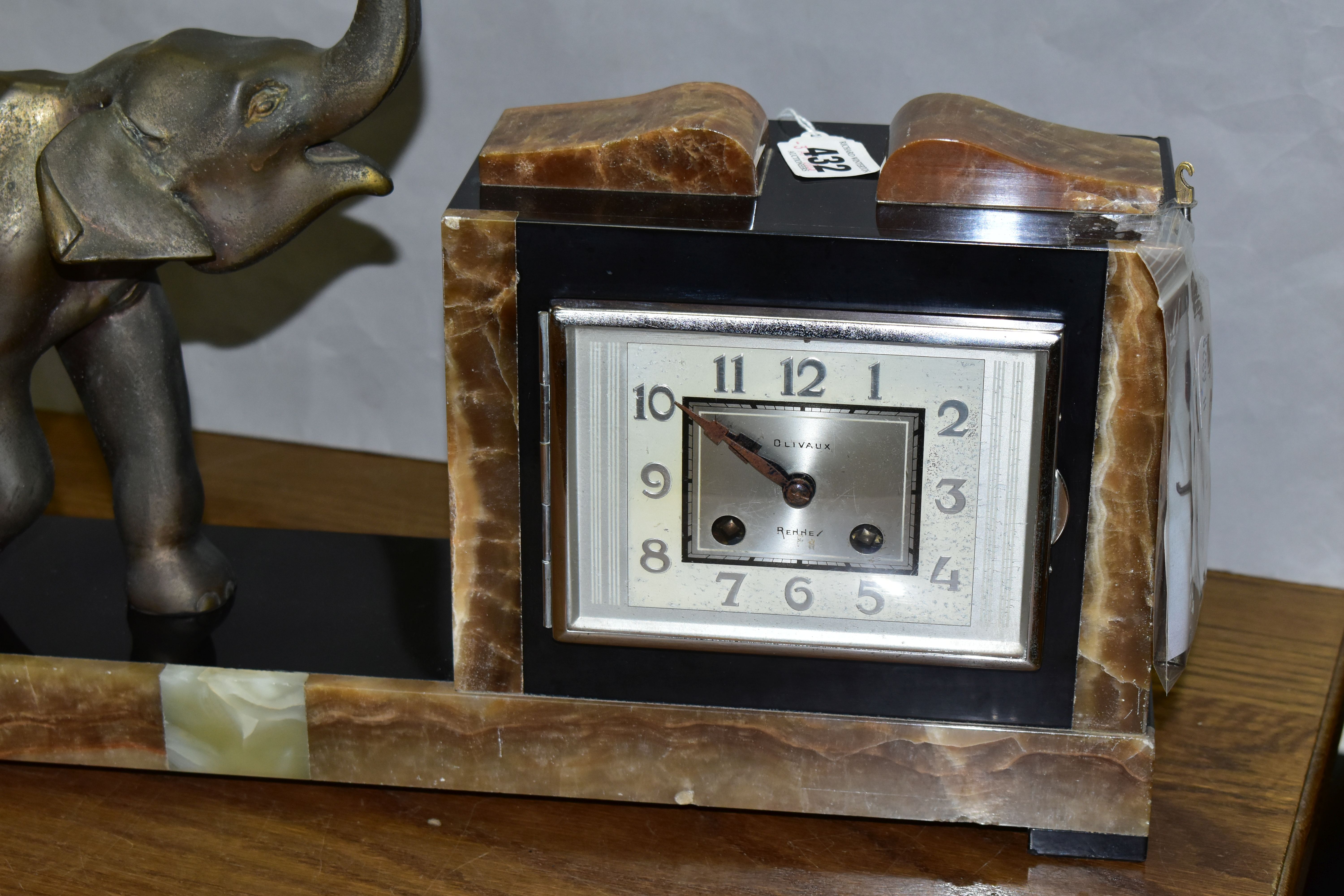 A FRENCH ART DECO MARBLE MANTEL CLOCK, Olivaux Renn, with key and pendulum and figure of an elephant - Image 2 of 8