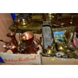 TWO BOXES AND LOOSE METALWARE, to include two sets of balance scale, brass umbrella stand and coal