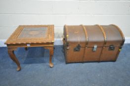 AN ANGLO-INDIAN CARVED HARDWOOD OCCASIONAL TABLE, with a glass insert, on cabriole legs, 56cm