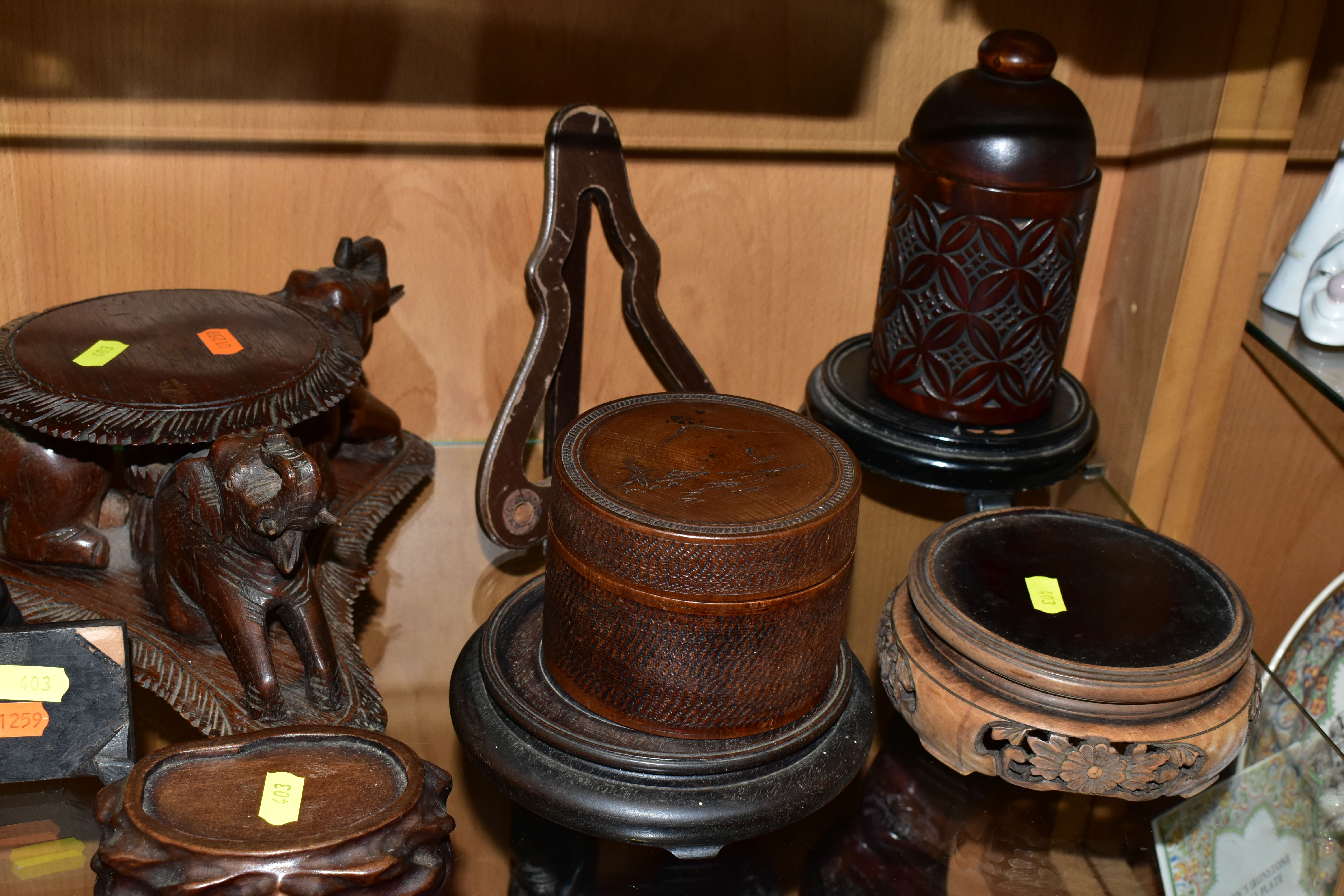 A QUANTITY OF WOODEN VASE STANDS, comprising an Arts & Crafts style tobacco jar with carved - Image 3 of 13