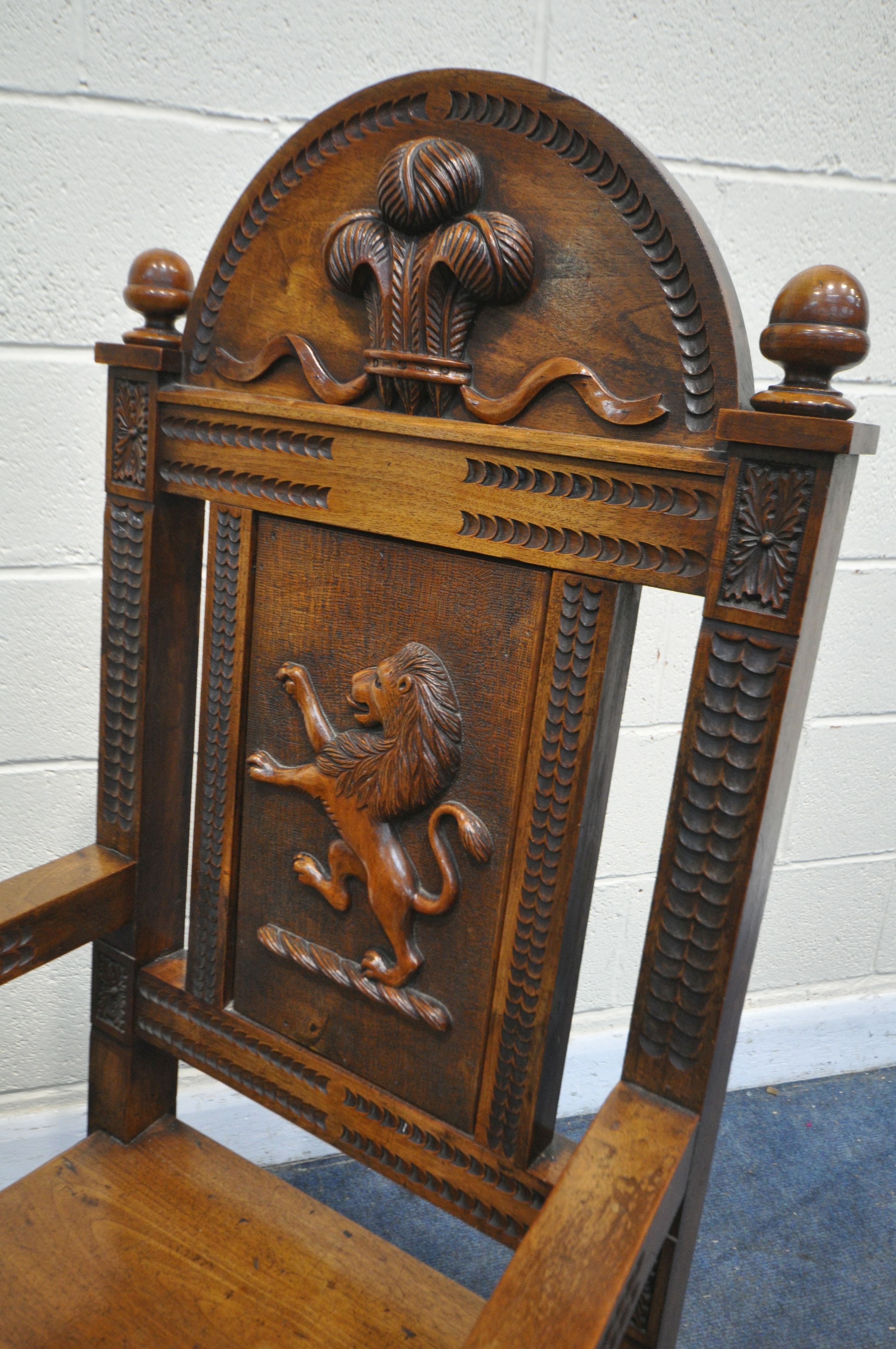 A LATE 19TH/ EARLY 20TH CENTURY CARVED OAK WAINSCOT CHAIR, the arched top depicting - Image 3 of 7