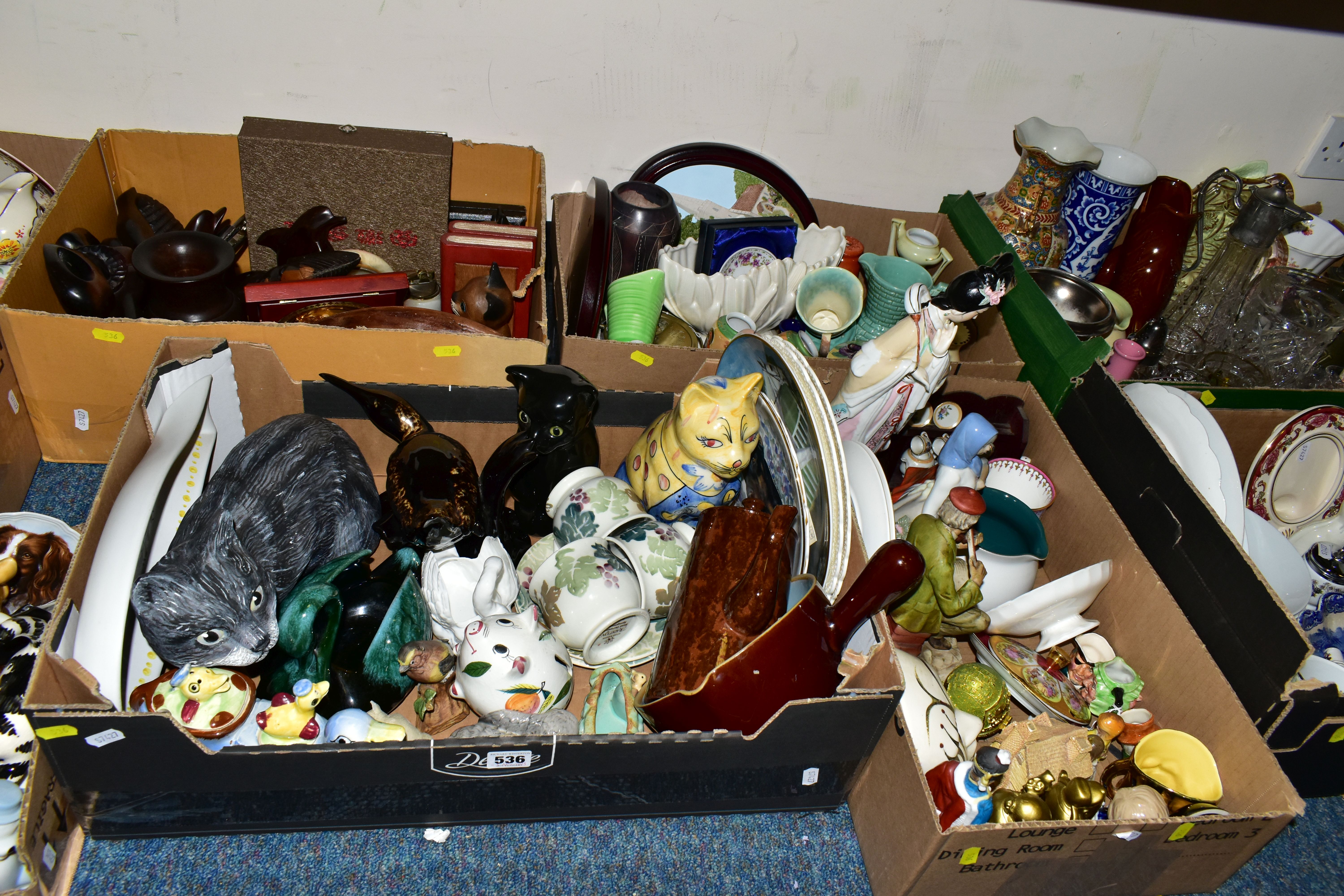 EIGHT BOXES OF CERAMICS, GLASSWARE, TREEN, ETC, including animal and figural ornaments, pressed