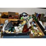 EIGHT BOXES OF CERAMICS, GLASSWARE, TREEN, ETC, including animal and figural ornaments, pressed