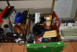 TWO BOXES OF VINTAGE CAMERAS AND EQUIPMENT, to include a portable Olympia typewriter, an Olympus U