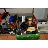 TWO BOXES OF VINTAGE CAMERAS AND EQUIPMENT, to include a portable Olympia typewriter, an Olympus U