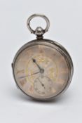 A LATE VICTORIAN SILVER OPEN FACE POCKET WATCH, key wound movement, round silver dial with gold