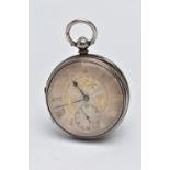 A LATE VICTORIAN SILVER OPEN FACE POCKET WATCH, key wound movement, round silver dial with gold