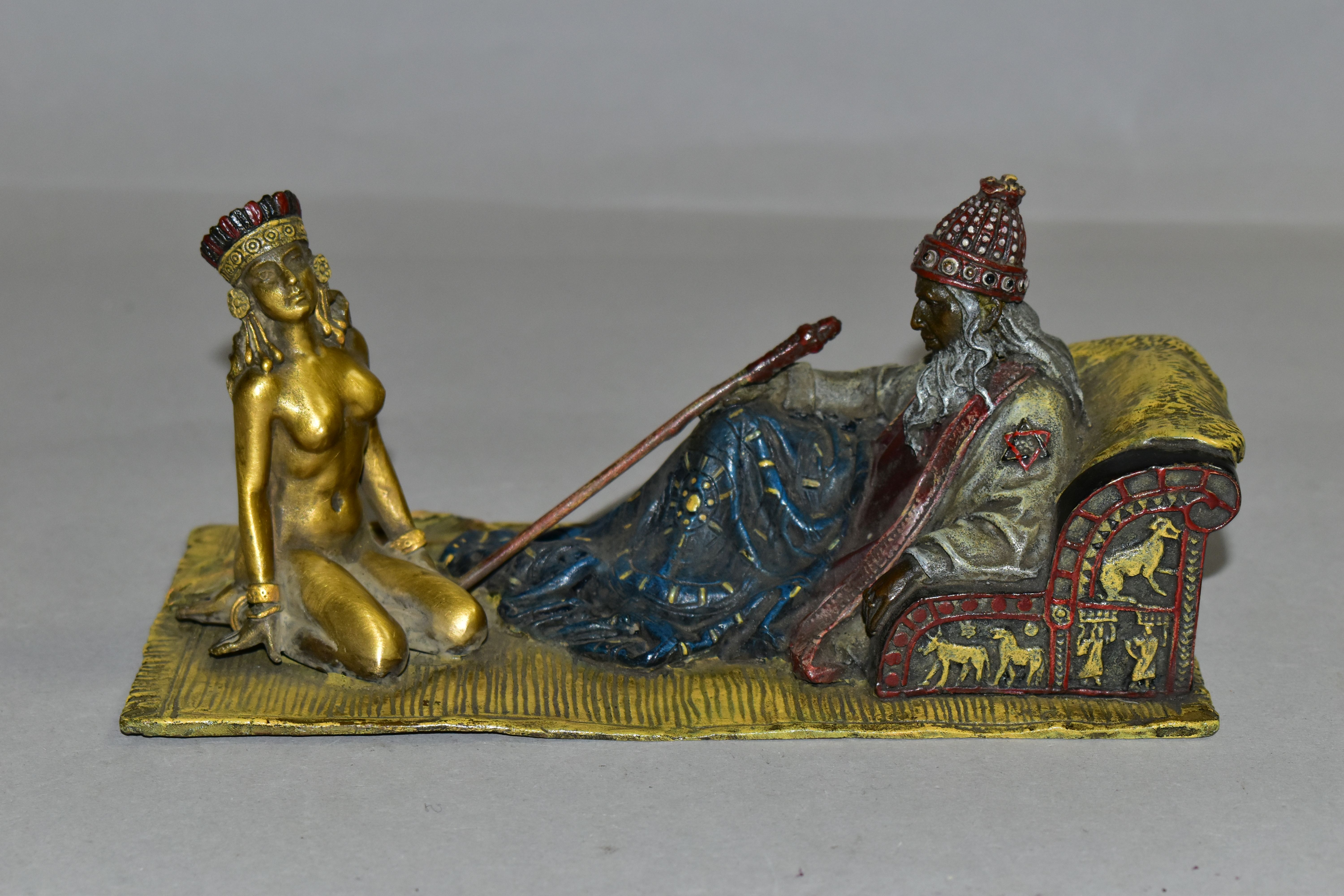 A MODERN COLD PAINTED BRONZE EGYPTIAN SLAVE AND MASTER FIGURE GROUP, IN THE STYLE OF FRANZ