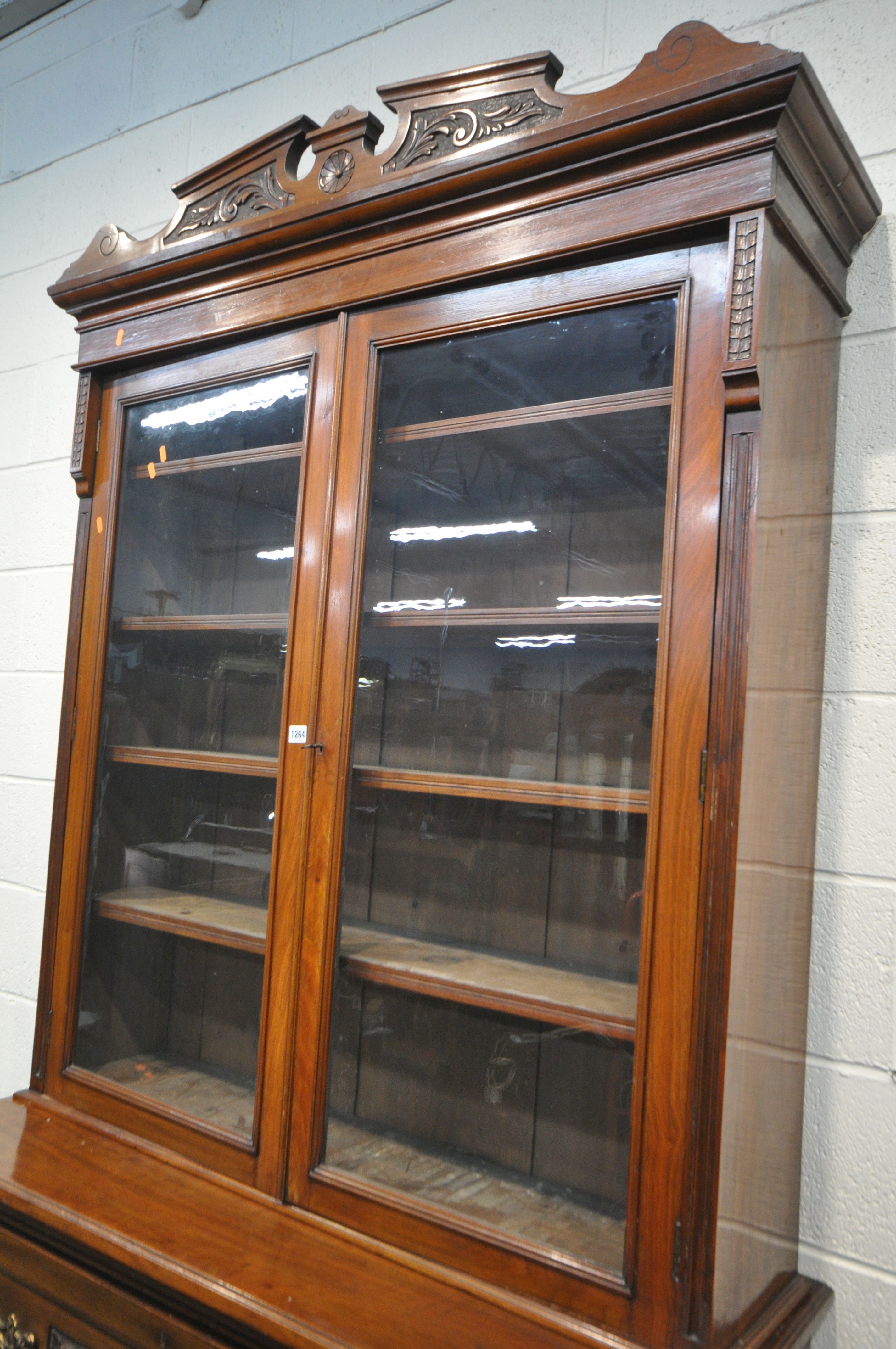 A LATE 19TH/EARLY 20TH CENTURY WALNUT SECRETAIRE BOOKCASE, the top with two glazed doors, over a - Image 2 of 5