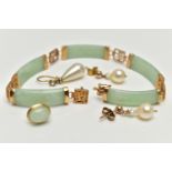 A 9CT GOLD JADE BRACELET AND EARRINGS, the bracelet designed as a series of five curved jade panels,