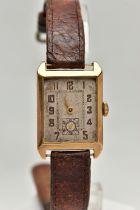 A GENTS 9CT GOLD WRISTWATCH, rectangular silver dial, Arabic numerals, seconds subsidiary dial at