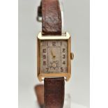 A GENTS 9CT GOLD WRISTWATCH, rectangular silver dial, Arabic numerals, seconds subsidiary dial at