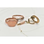 TWO 9CT GOLD RINGS, AN EARRING AND A CLASP, the first an a/f rose gold, square signet ring, worn