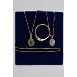 A 9CT GOLD OPAL RING AND TWO PENDANT NECKLACES, the ring set with nine opal cabochons, channel set