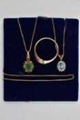 A 9CT GOLD OPAL RING AND TWO PENDANT NECKLACES, the ring set with nine opal cabochons, channel set